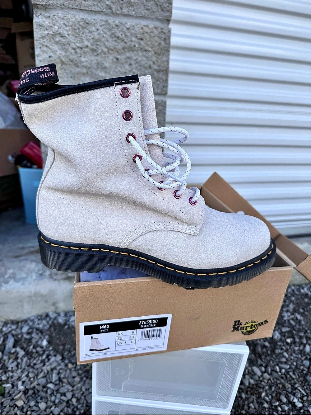 Dr. Martens 1460 Women's Bejeweled Lace Up Boot in White (Product Style Code: 27